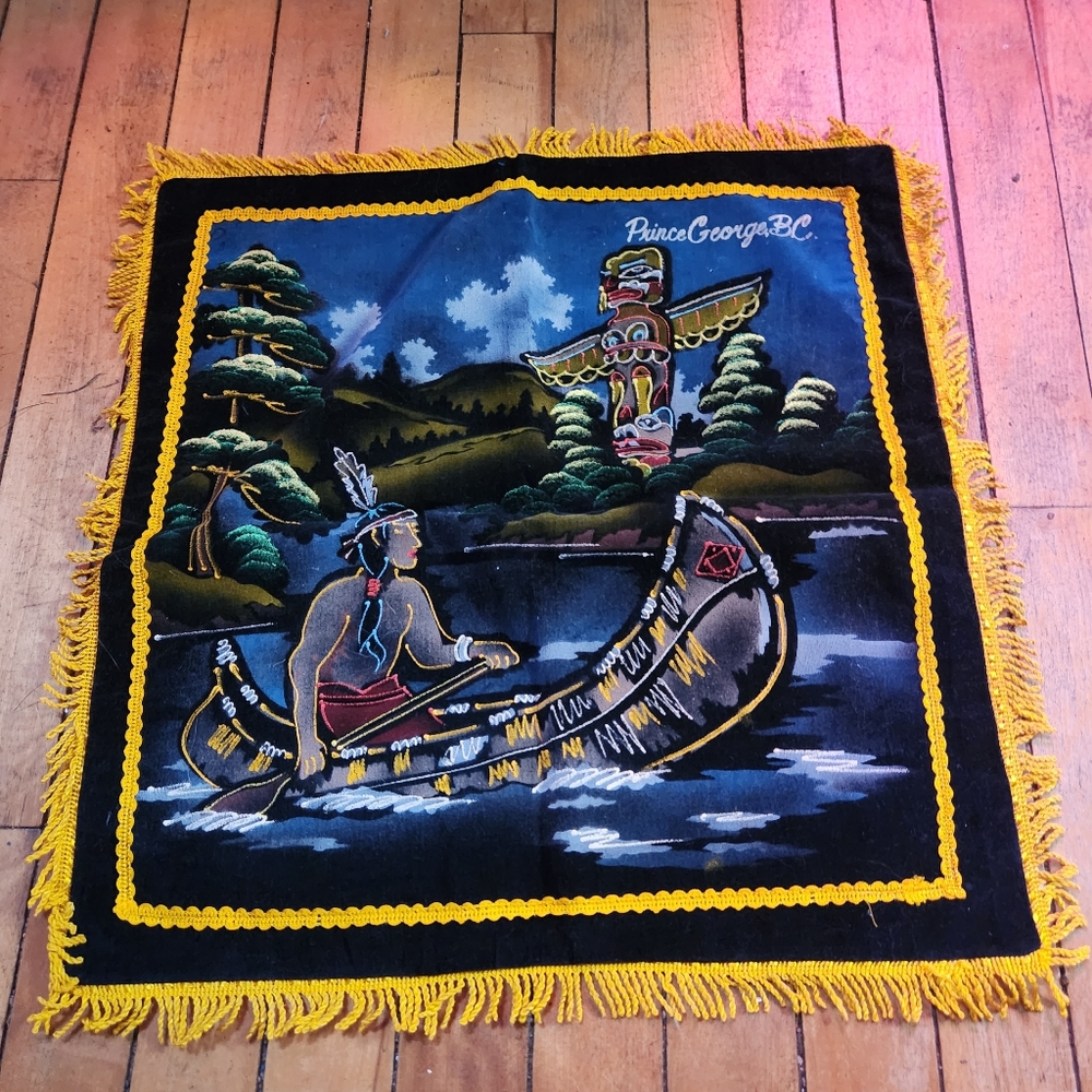 Vintage Souvenir Painted Black Velvet Pillow Case Prince George  BC